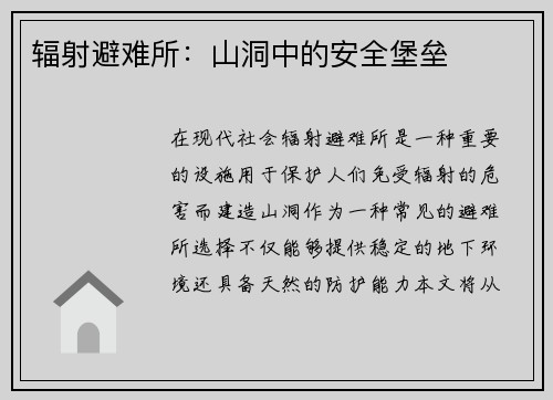 辐射避难所:山洞中的安全堡垒